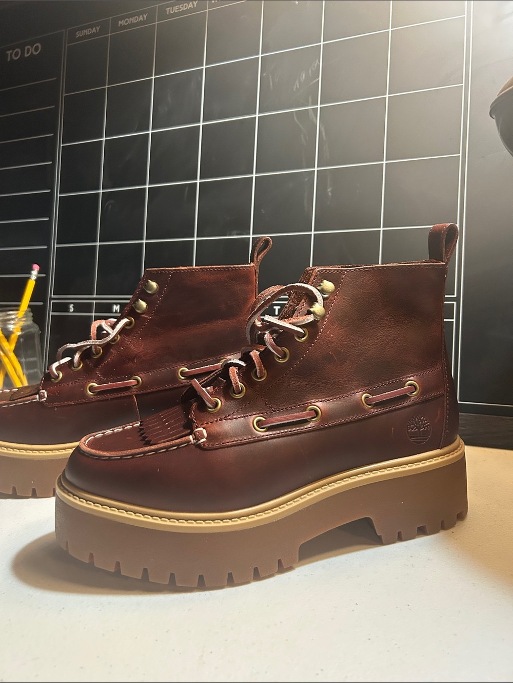 Timberland Burgundy Leather Lug-Platform Lace-Up Boots